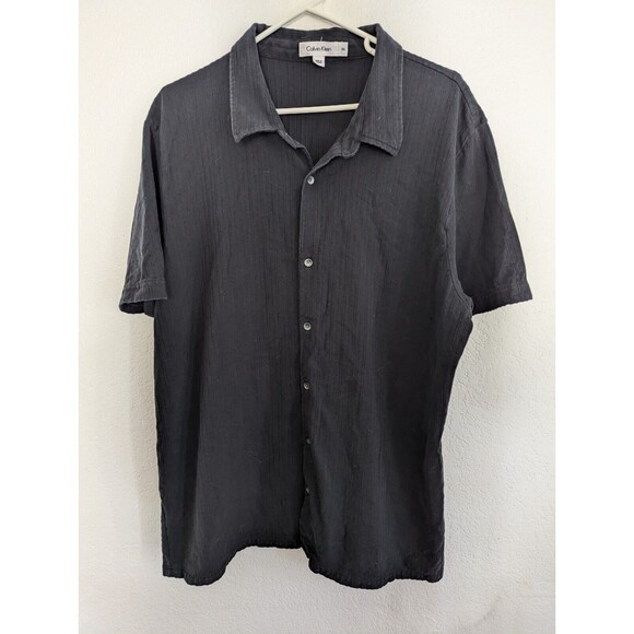 Calvin Klein Short Sleeve Button Down Shirt Black  Textured Classic - Picture 1 of 4